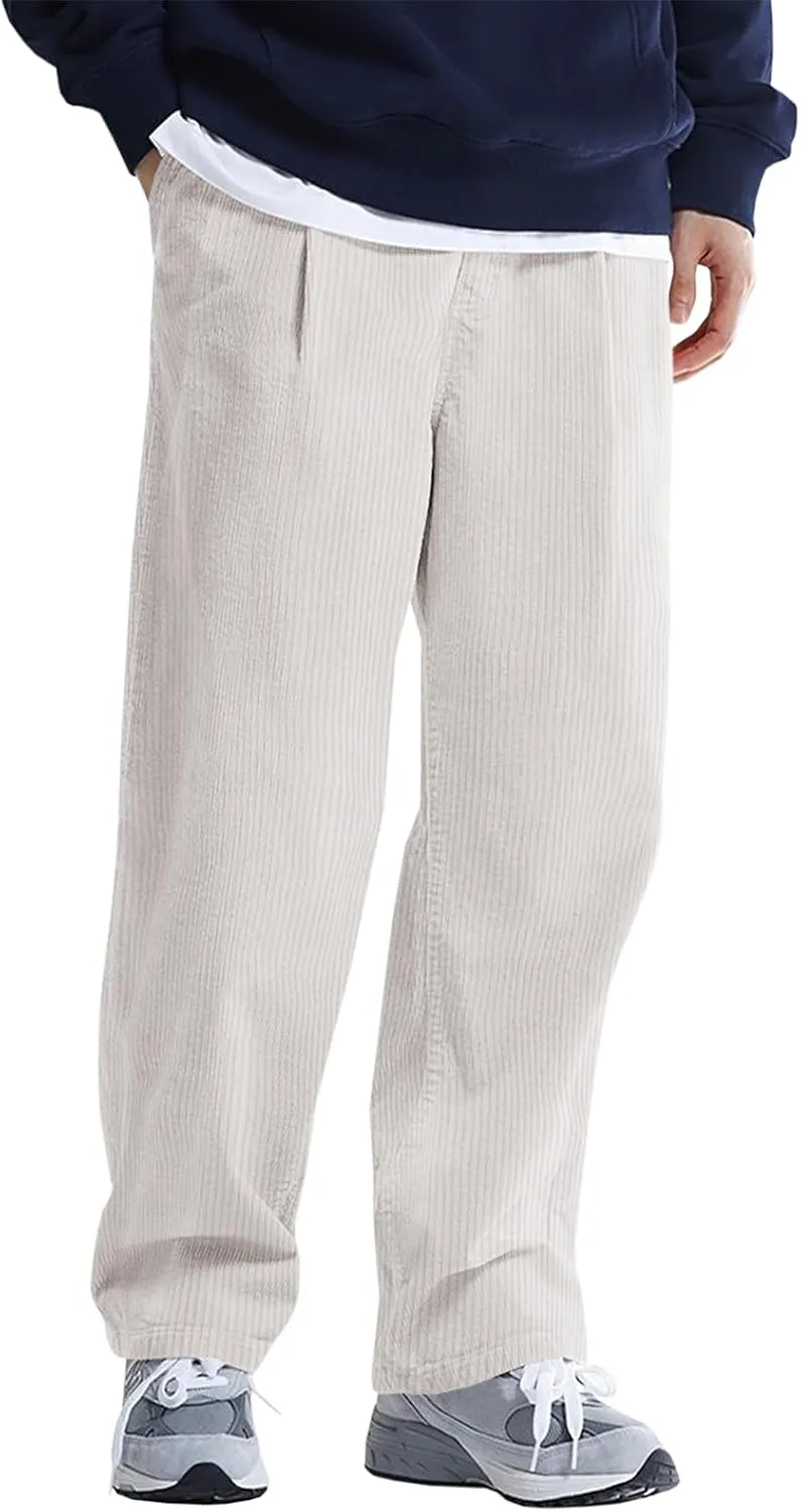 Runcati Mens Casual Corduroy Pants Elastic Waist Straight Leg Slacks Drawstring Loose Fit Trousers
