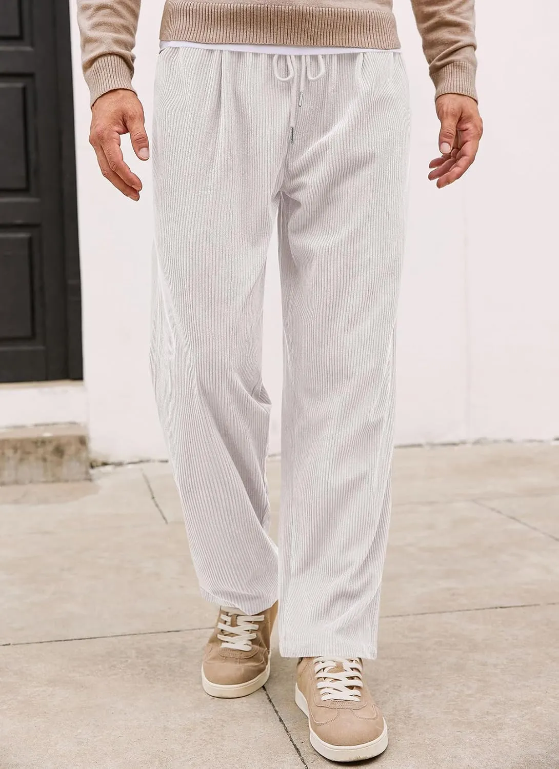 Runcati Mens Casual Corduroy Pants Elastic Waist Straight Leg Slacks Drawstring Loose Fit Trousers