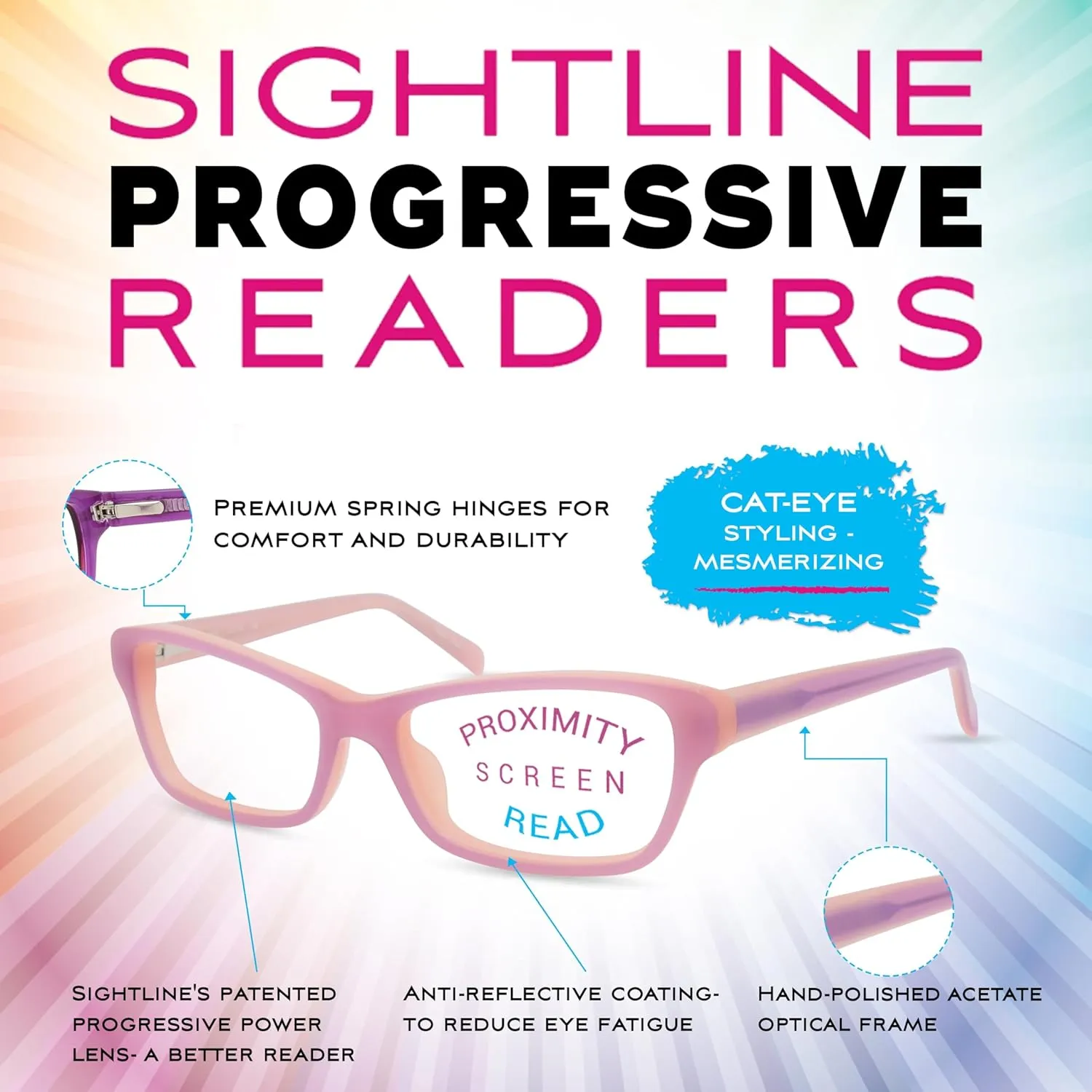 Sightline P314 Progressive Reading Glasses for Women Premium Cateye Optical Acetate Frame Medium Fit