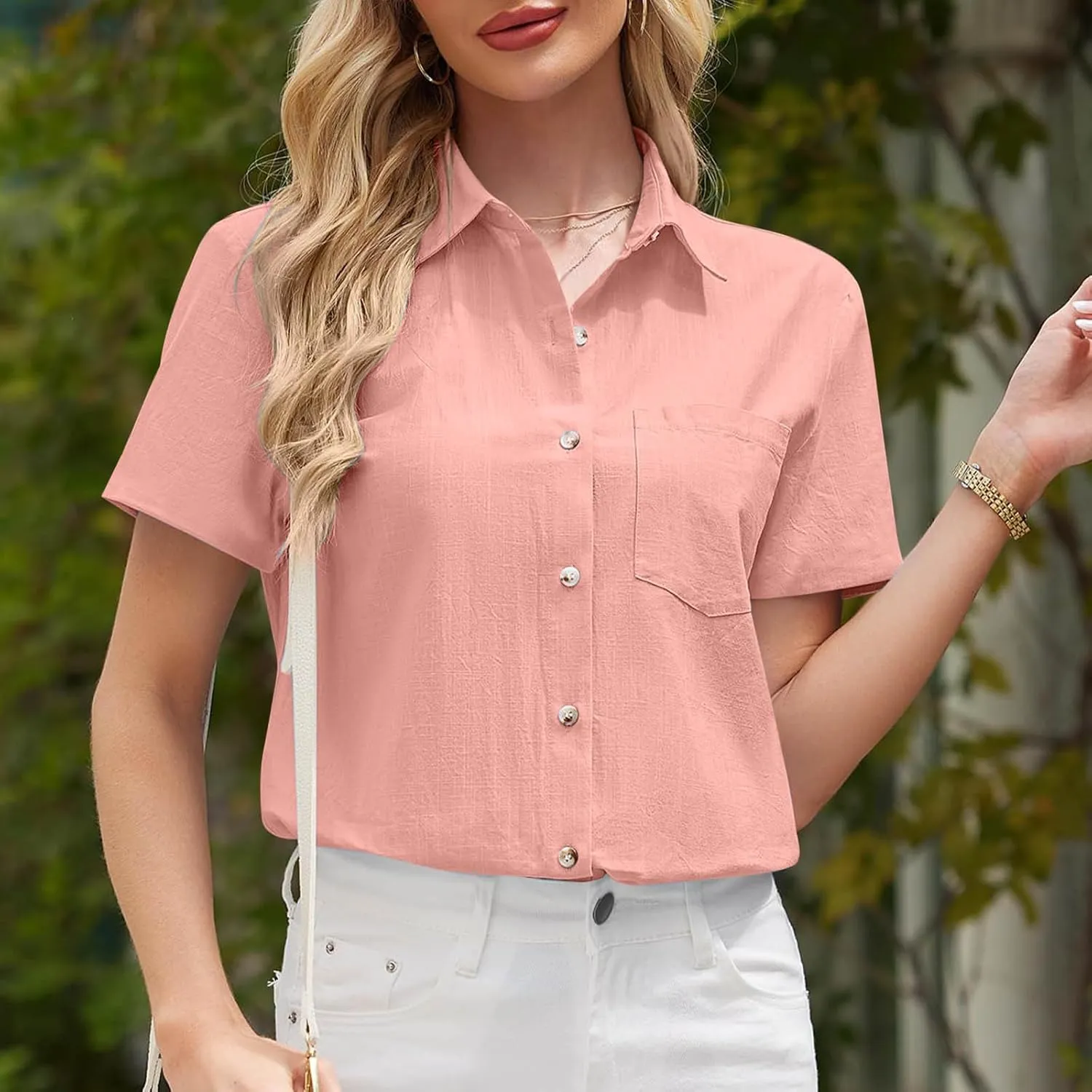 Summer Fashion Solid Color Short Sleeve Shirts for Women Casual Lapel Button Down Tops with Pockets Office Blouses