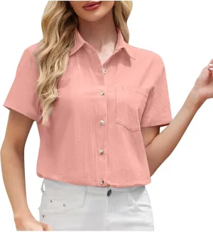 Summer Fashion Solid Color Short Sleeve Shirts for Women Casual Lapel Button Down Tops with Pockets Office Blouses