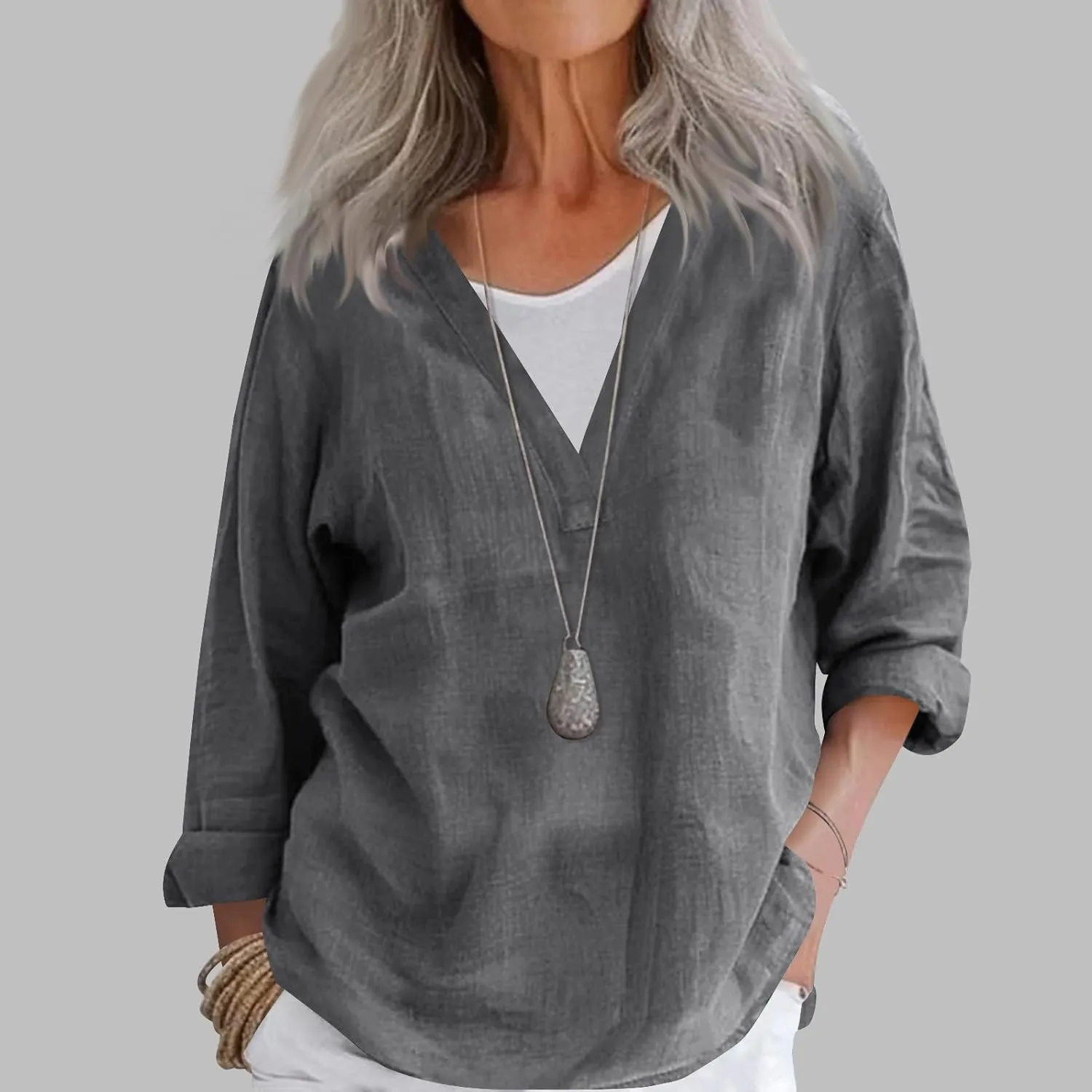 Summer Women's Fashion V Neck Long Sleeve Solid Color Shirts Casual Comfy Ventilate Loose Cotton Linen Tops 2025