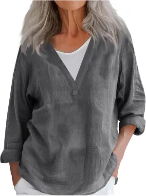 Summer Women's Fashion V Neck Long Sleeve Solid Color Shirts Casual Comfy Ventilate Loose Cotton Linen Tops 2025