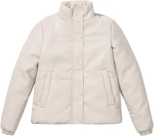 tuduoms Women's Winter Faux Leather Puffer Jacket Warm Stand Collar Padded Down Coat Long Sleeve Cropped Quilted Parka Jacket