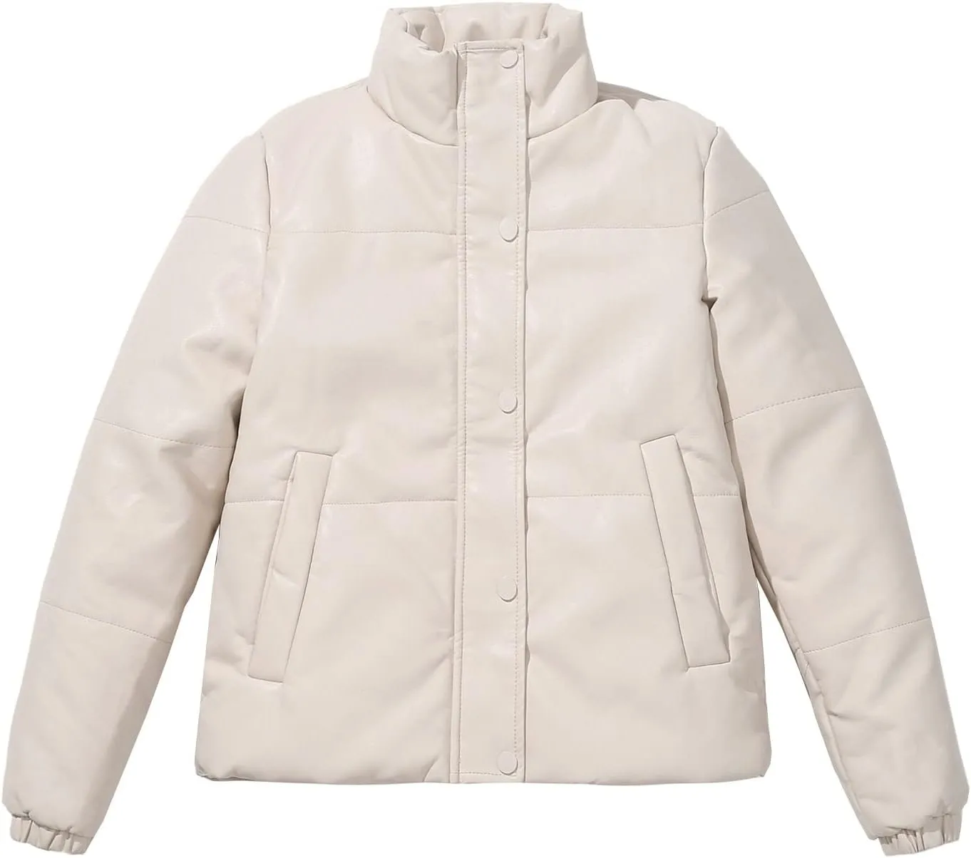 tuduoms Women's Winter Faux Leather Puffer Jacket Warm Stand Collar Padded Down Coat Long Sleeve Cropped Quilted Parka Jacket