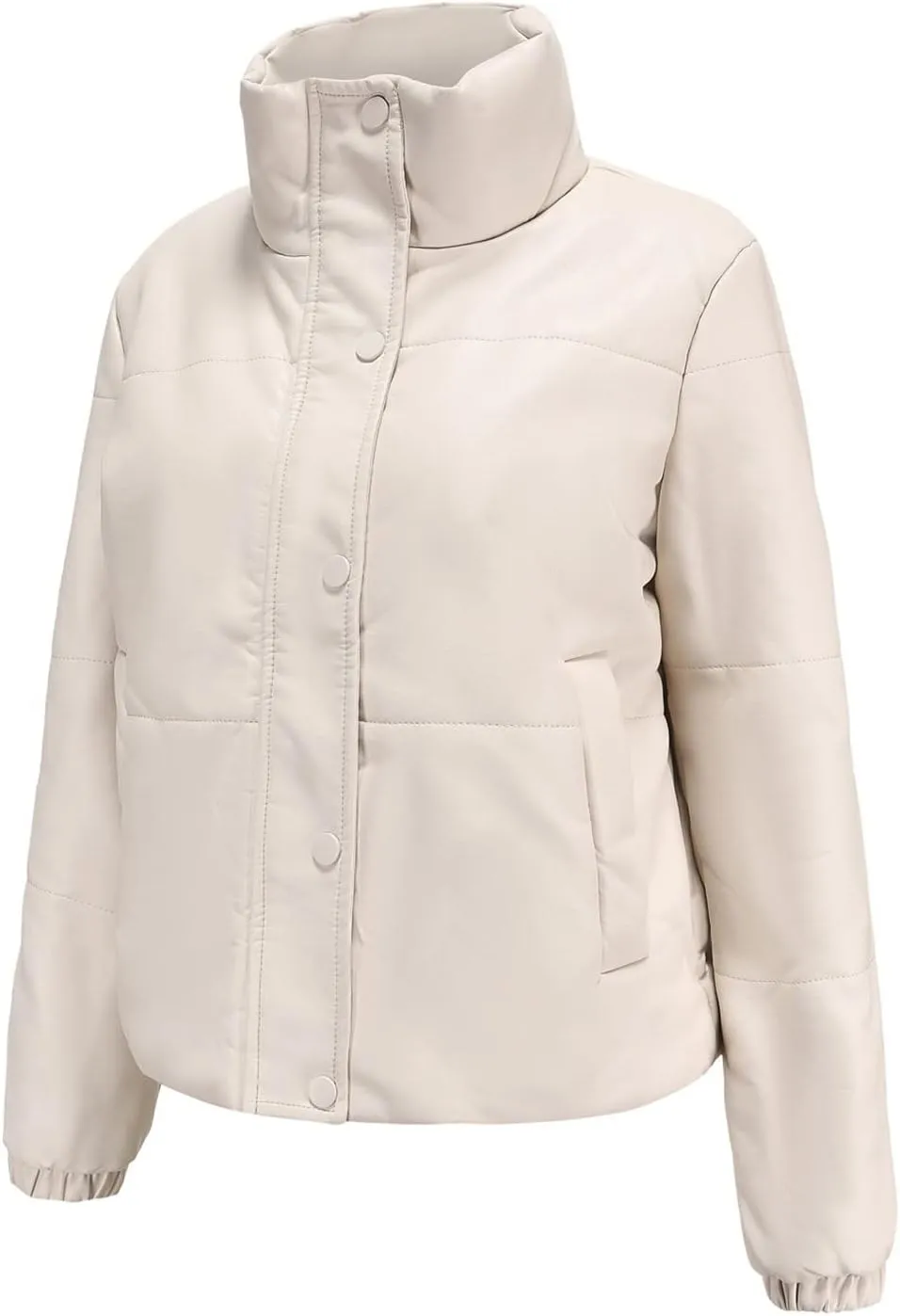 tuduoms Women's Winter Faux Leather Puffer Jacket Warm Stand Collar Padded Down Coat Long Sleeve Cropped Quilted Parka Jacket