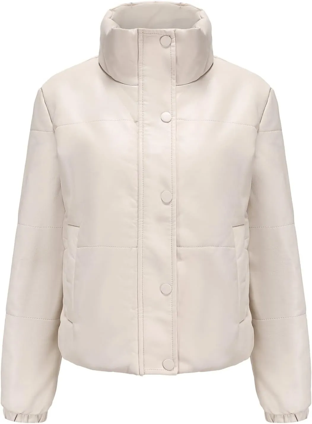 tuduoms Women's Winter Faux Leather Puffer Jacket Warm Stand Collar Padded Down Coat Long Sleeve Cropped Quilted Parka Jacket