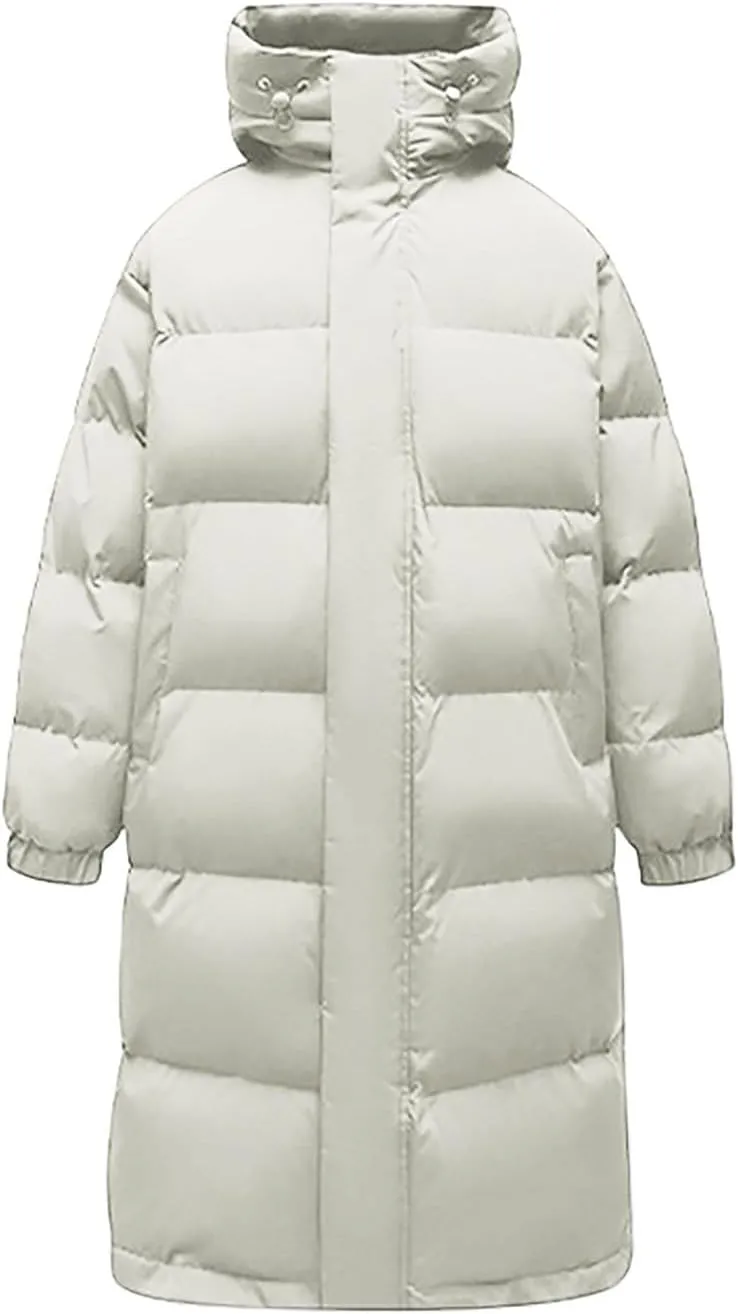 Unisex Mens Puffer Jacket Winter Thicken Waterproof Windproof Long Quilted Trench Coat Thermal Down Coats with Hood