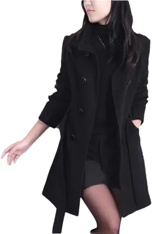 Vsadsau Women's Wool Blended Coat Fall/Winter Stand Collar Mid-Length Button Long Sleeve Pea Coat