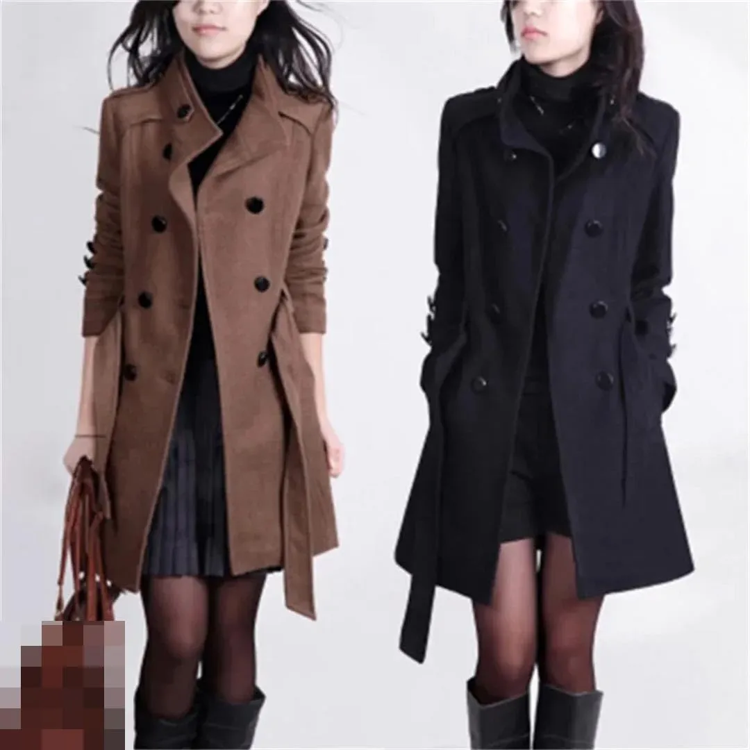 Vsadsau Women's Wool Blended Coat Fall/Winter Stand Collar Mid-Length Button Long Sleeve Pea Coat