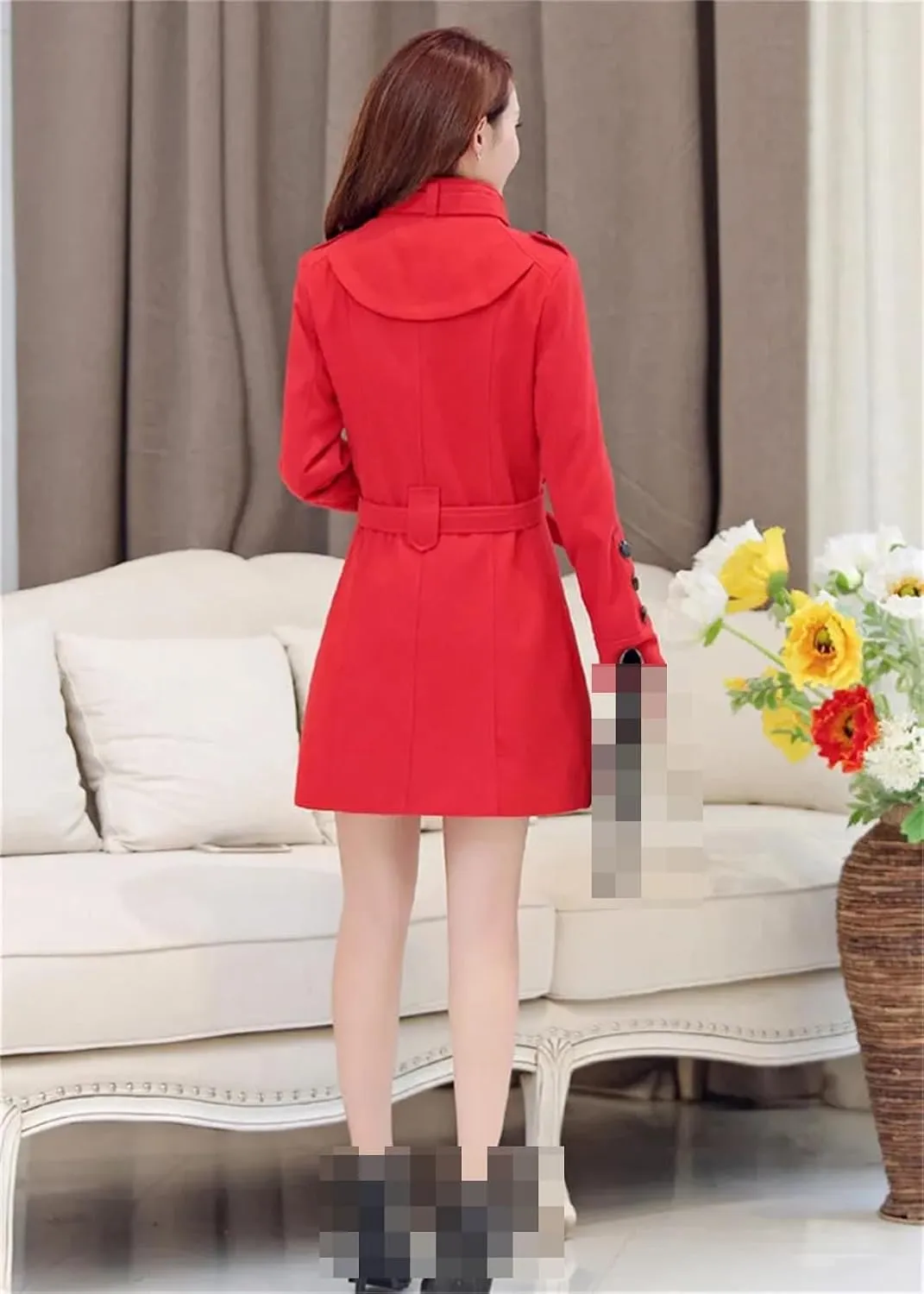 Vsadsau Women's Wool Blended Coat Fall/Winter Stand Collar Mid-Length Button Long Sleeve Pea Coat