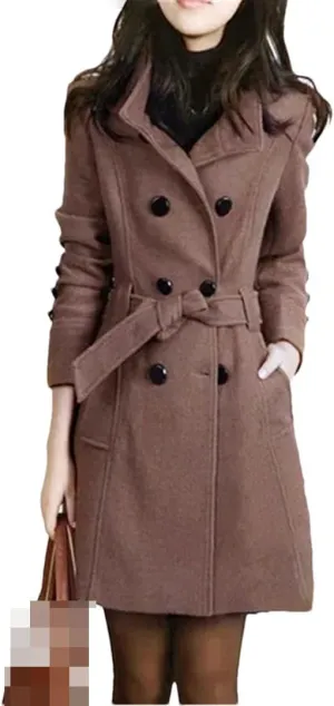 Vsadsau Women's Wool Blended Coat Fall/Winter Stand Collar Mid-Length Button Long Sleeve Pea Coat