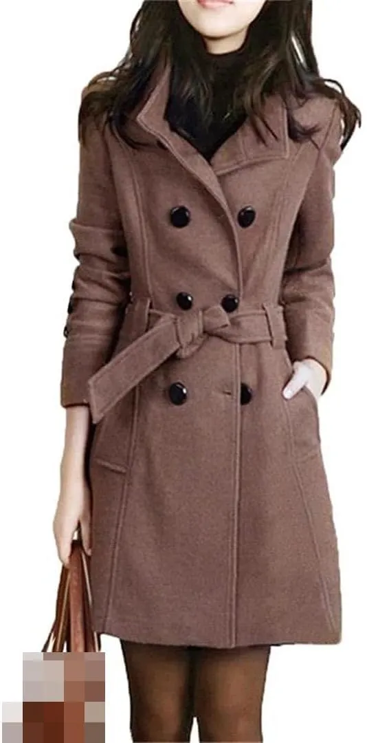 Vsadsau Women's Wool Blended Coat Fall/Winter Stand Collar Mid-Length Button Long Sleeve Pea Coat