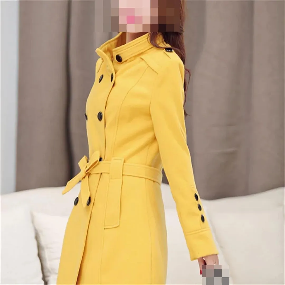 Vsadsau Women's Wool Blended Coat Fall/Winter Stand Collar Mid-Length Button Long Sleeve Pea Coat