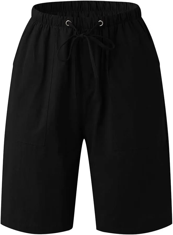 WABEOR Bermuda Shorts for Men Knee Length Cotton Linen Shorts Elastic Waist Beach Long Shorts Comfy Casual Summer Shorts
