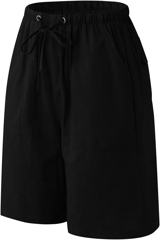 WABEOR Bermuda Shorts for Men Knee Length Cotton Linen Shorts Elastic Waist Beach Long Shorts Comfy Casual Summer Shorts