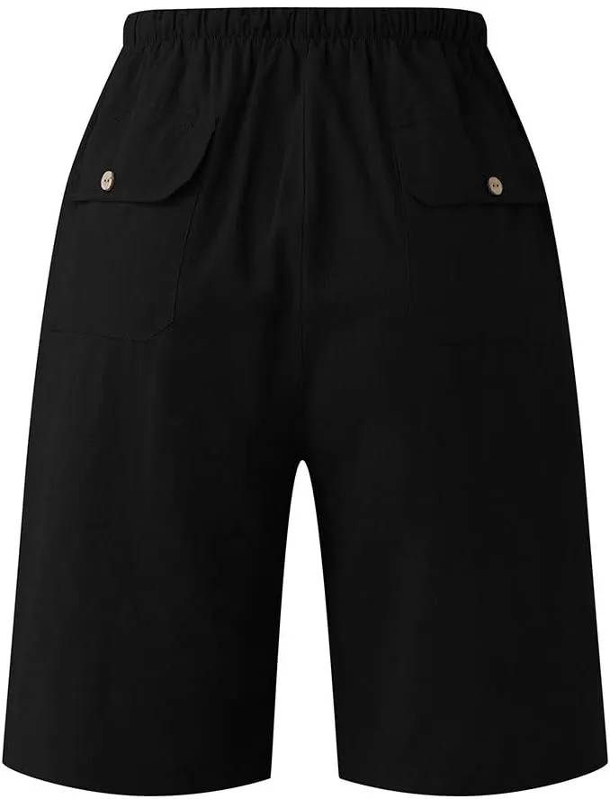 WABEOR Bermuda Shorts for Men Knee Length Cotton Linen Shorts Elastic Waist Beach Long Shorts Comfy Casual Summer Shorts