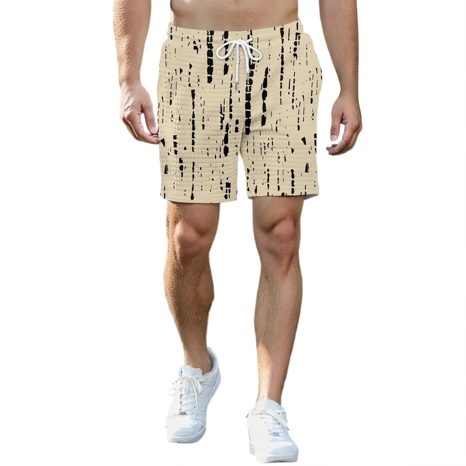Waffle Shorts for Men Printed Elastic Waist Drawstring Soft Touch Casual Summer Lounge Shorts