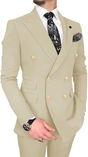 Wangyue Double Breasted Suits for Men - 2 Piece Slim Fit Peak Lapel Blazer & Pants - Business & Party Suits