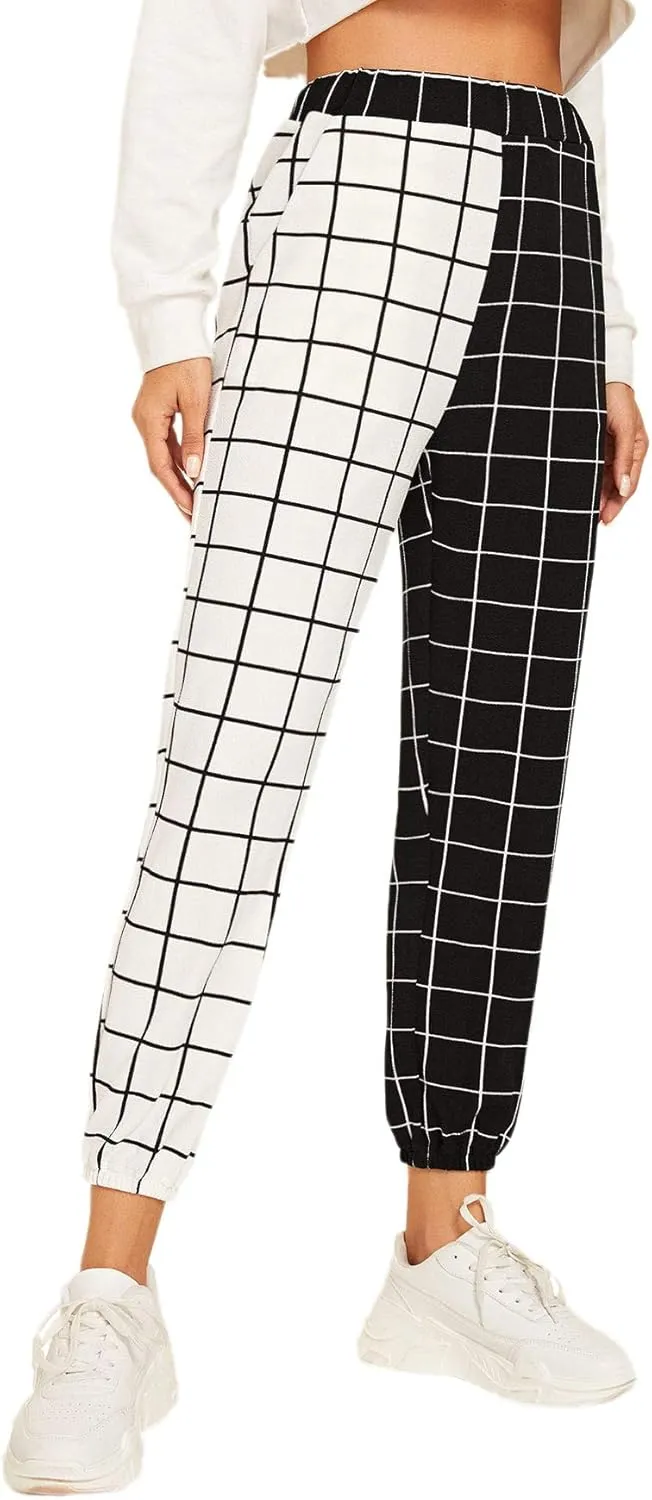 WDIRARA Women's Y2k Plaid Print Elastic Waist Fashion Straight Leg Pants Trousers