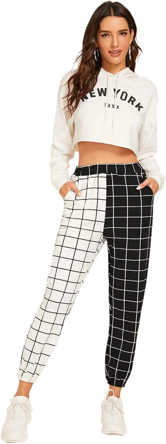 WDIRARA Women's Y2k Plaid Print Elastic Waist Fashion Straight Leg Pants Trousers