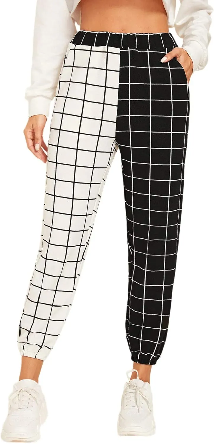 WDIRARA Women's Y2k Plaid Print Elastic Waist Fashion Straight Leg Pants Trousers