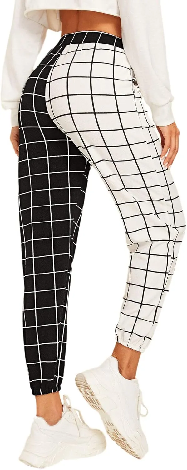 WDIRARA Women's Y2k Plaid Print Elastic Waist Fashion Straight Leg Pants Trousers