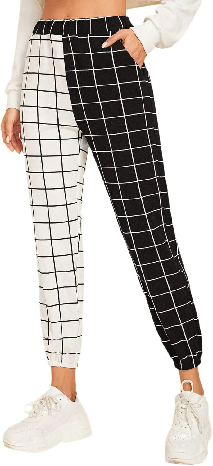 WDIRARA Women's Y2k Plaid Print Elastic Waist Fashion Straight Leg Pants Trousers