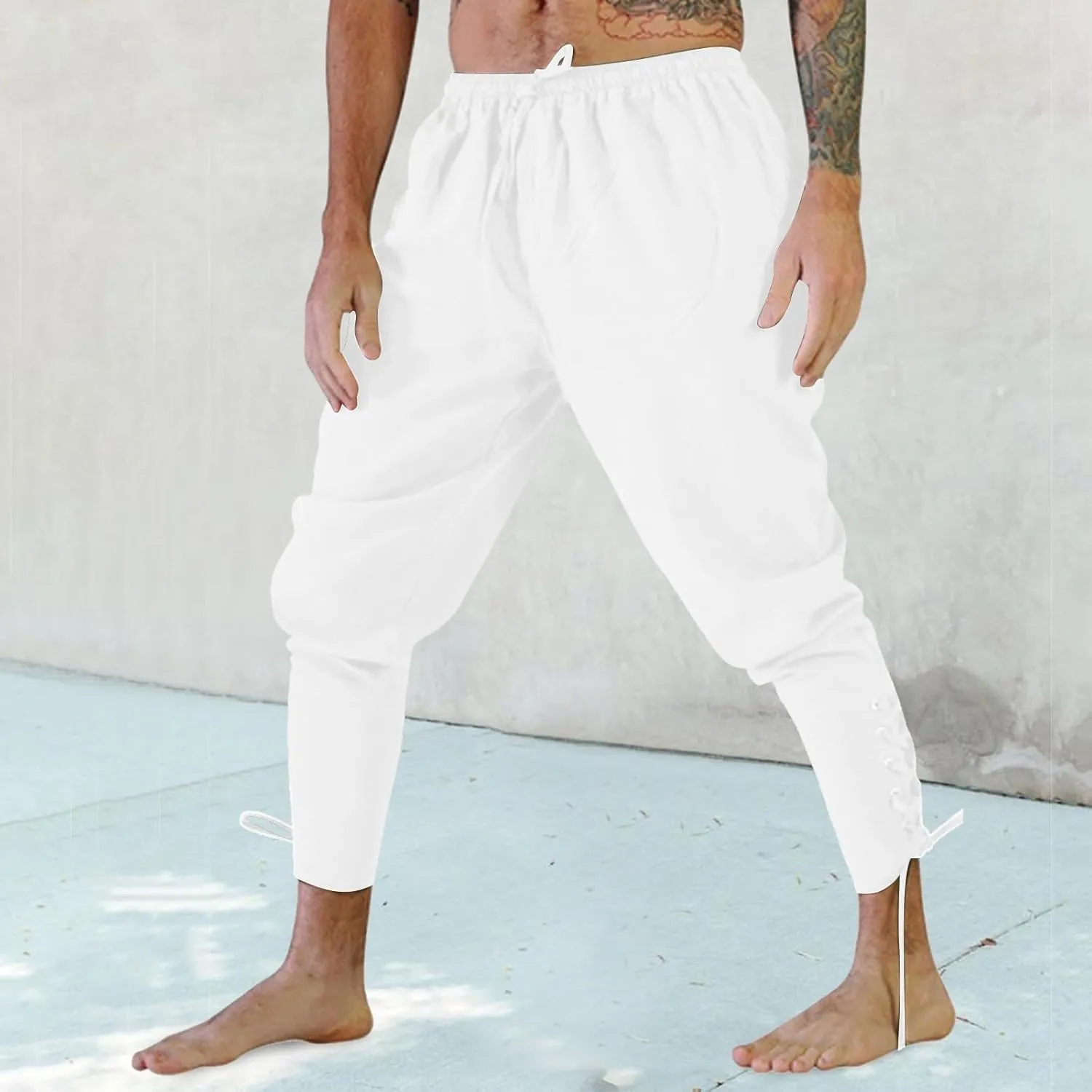 White Linen Pants Men Drawstring Elastic Waist Holiday Yoga Pants Casual Baggy Comfort Capri Trousers with Pockets