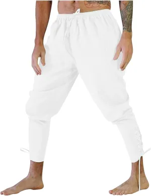 White Linen Pants Men Drawstring Elastic Waist Holiday Yoga Pants Casual Baggy Comfort Capri Trousers with Pockets
