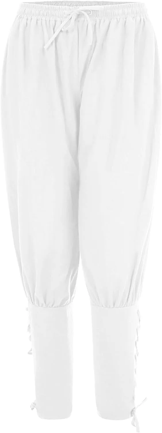 White Linen Pants Men Drawstring Elastic Waist Holiday Yoga Pants Casual Baggy Comfort Capri Trousers with Pockets