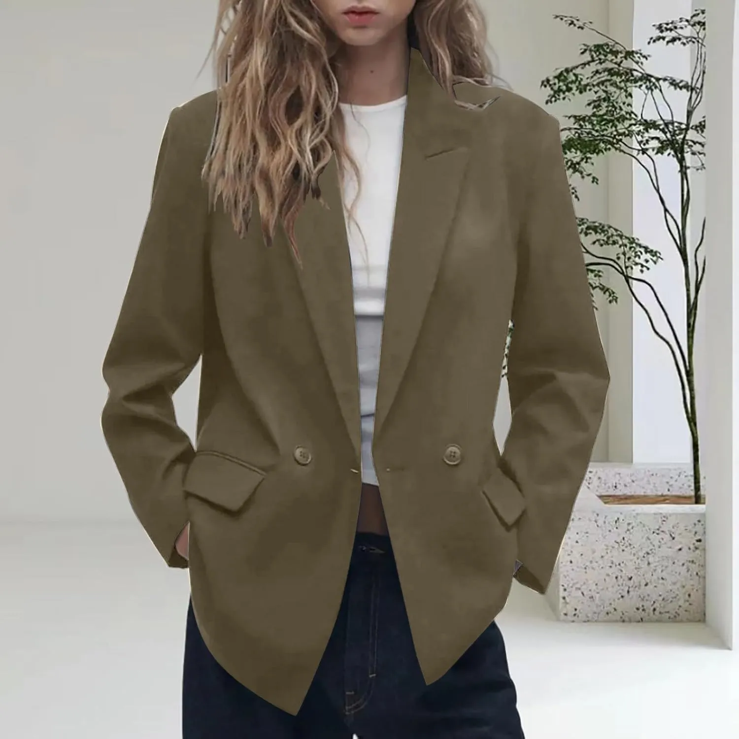 Wkishenl Womens Blazers for Work Casual Open Front Jackets Solid Color Long Sleeve Button Down Blazer Fashion Business Suits