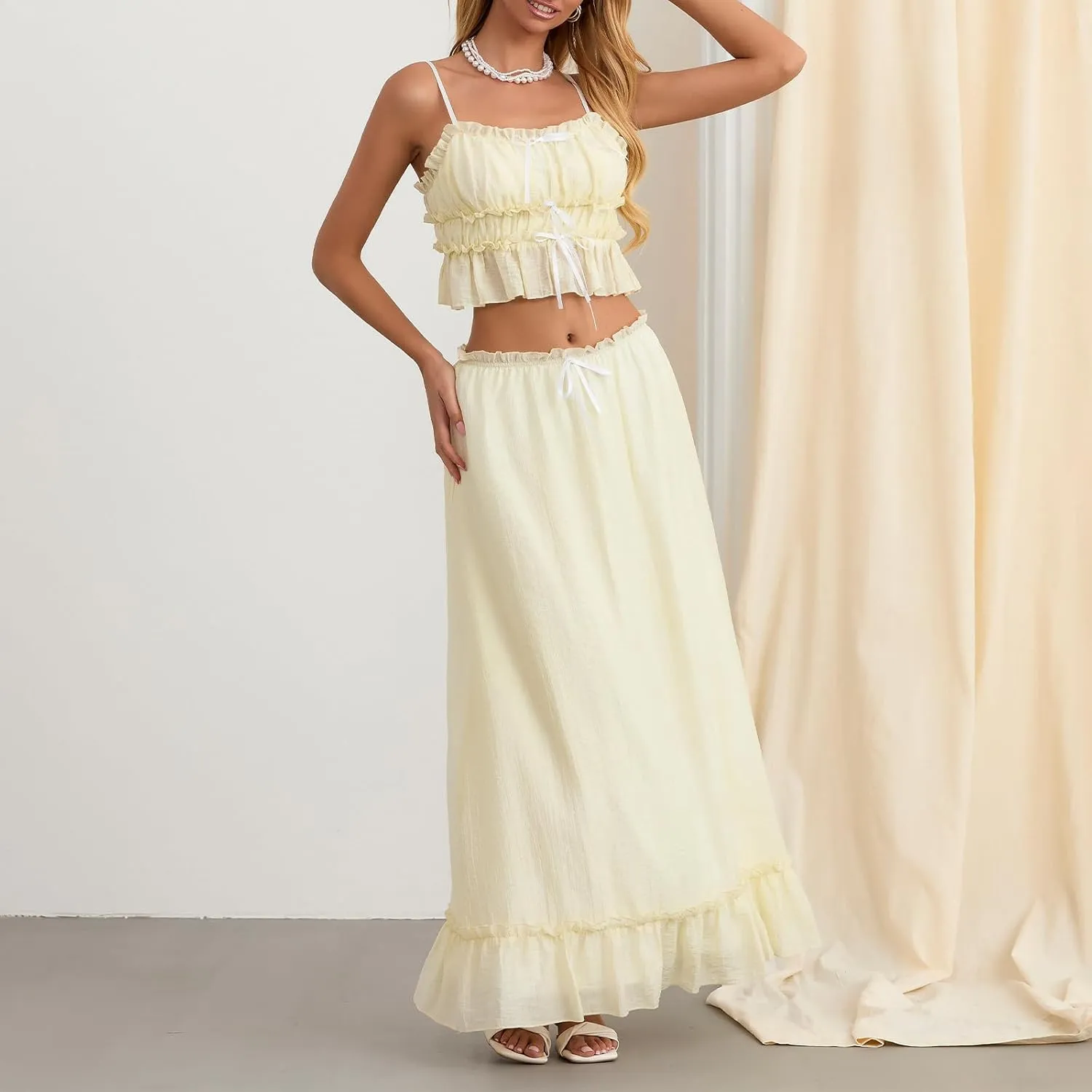 Women 2 Piece Maxi Skirt Sets Sleeveless Backless Tie-Up Tank Top Tiered Ruffle Flowy Long Skirts Y2k Beach Outfits