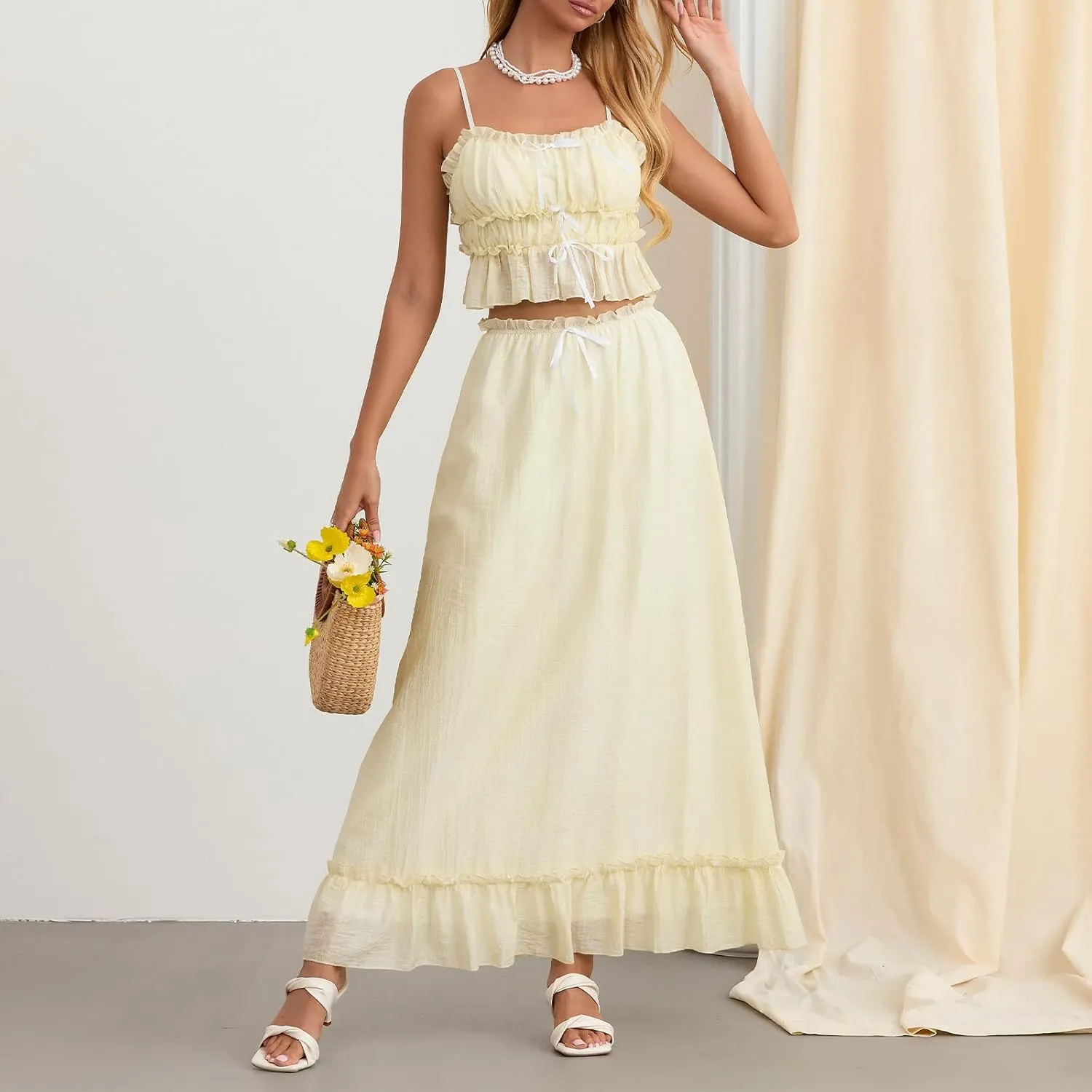 Women 2 Piece Maxi Skirt Sets Sleeveless Backless Tie-Up Tank Top Tiered Ruffle Flowy Long Skirts Y2k Beach Outfits