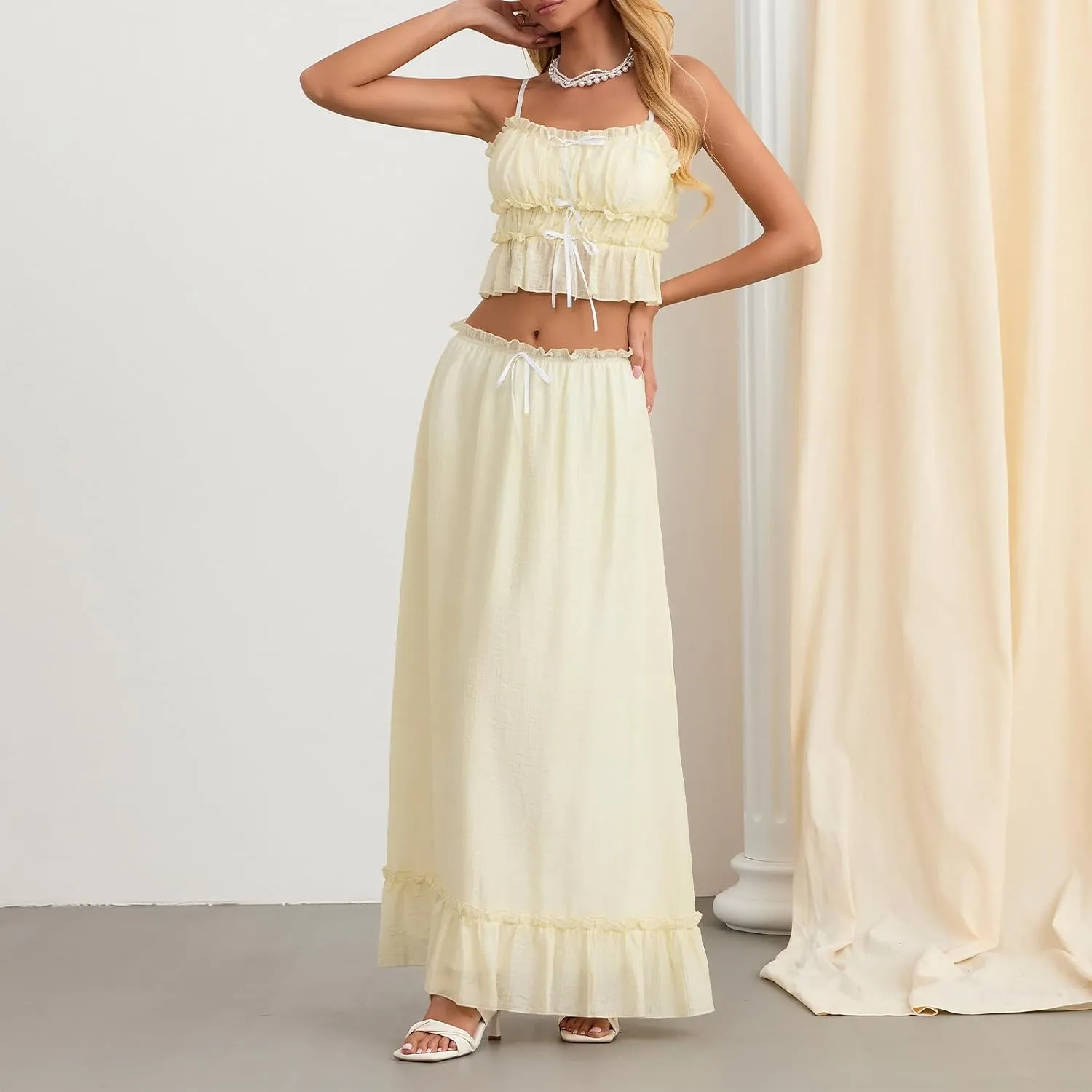 Women 2 Piece Maxi Skirt Sets Sleeveless Backless Tie-Up Tank Top Tiered Ruffle Flowy Long Skirts Y2k Beach Outfits