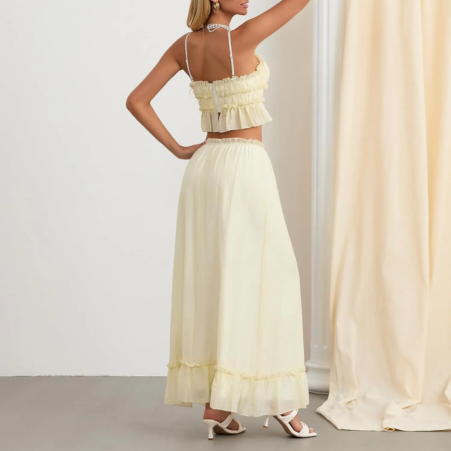 Women 2 Piece Maxi Skirt Sets Sleeveless Backless Tie-Up Tank Top Tiered Ruffle Flowy Long Skirts Y2k Beach Outfits
