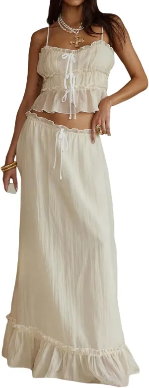 Women 2 Piece Maxi Skirt Sets Sleeveless Backless Tie-Up Tank Top Tiered Ruffle Flowy Long Skirts Y2k Beach Outfits