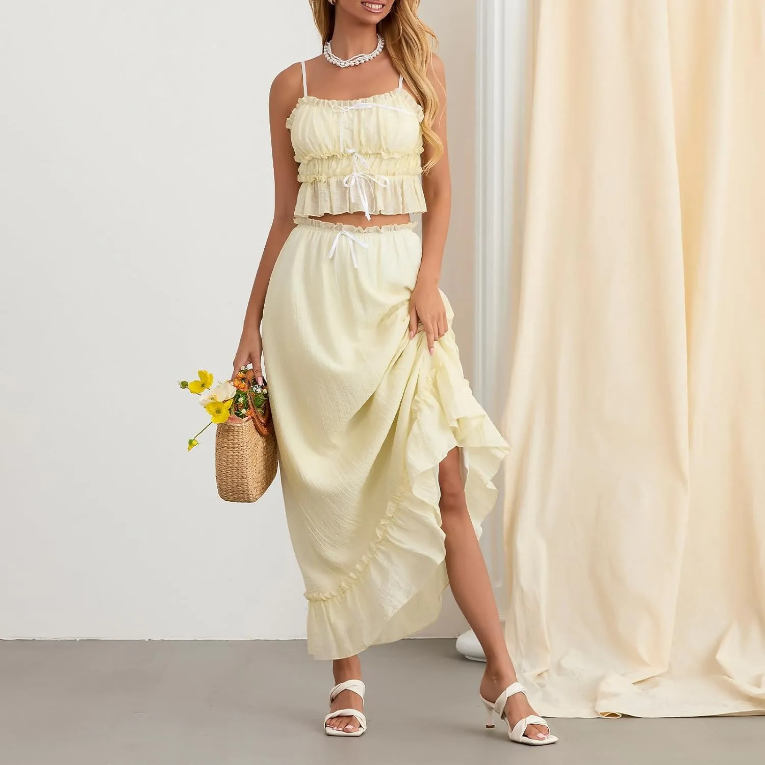 Women 2 Piece Maxi Skirt Sets Sleeveless Backless Tie-Up Tank Top Tiered Ruffle Flowy Long Skirts Y2k Beach Outfits