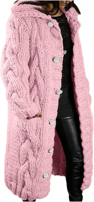 Women 2023 Fall Winter Hoodies Oversized Knit Chunky Long Sleeve Open Front Cardigan Button Casual Loose Fit Sweater