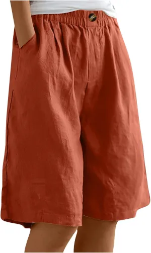 Women Bermuda Shorts Wide Leg Linen Knee Length Shorts Summer Casual Loose High Waisted Short Pants with Pockets