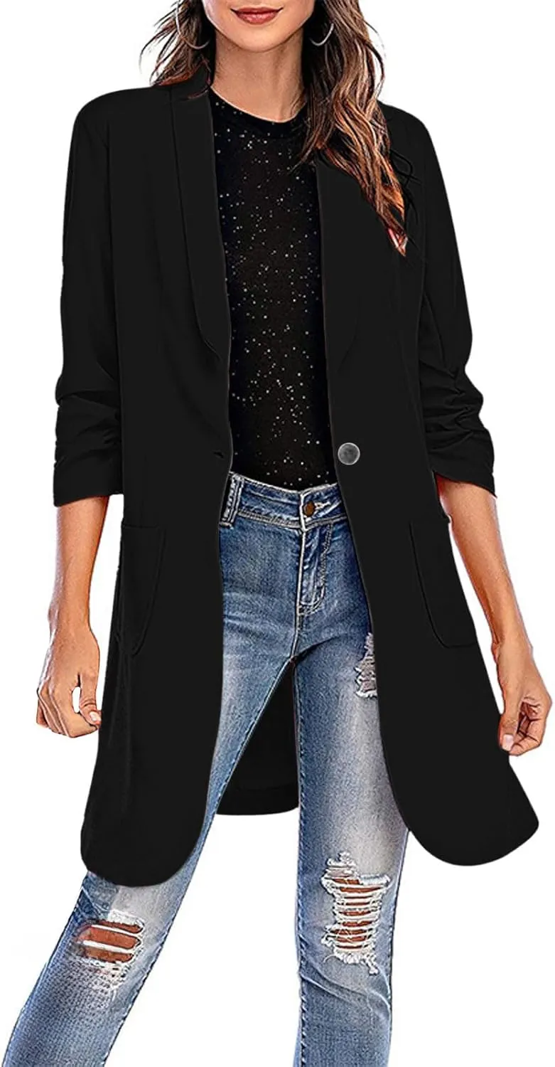 Women Casual Pockets Blazer Long Sleeve Single Button Ladies Elegant Boyfriend Suit Jacket for Office Work Business