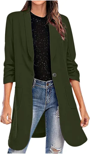 Women Casual Pockets Blazer Long Sleeve Single Button Ladies Elegant Boyfriend Suit Jacket for Office Work Business