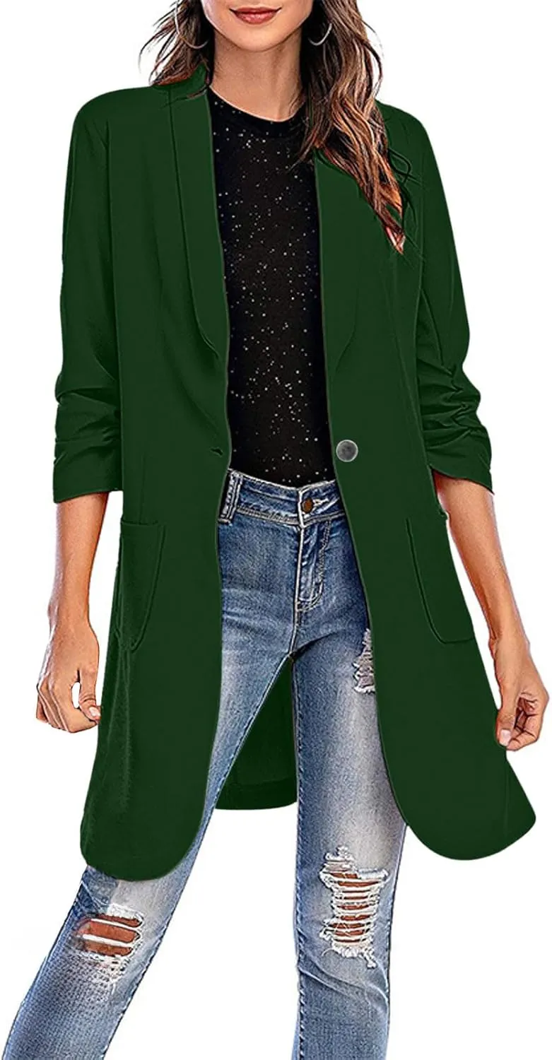 Women Casual Pockets Blazer Long Sleeve Single Button Ladies Elegant Boyfriend Suit Jacket for Office Work Business