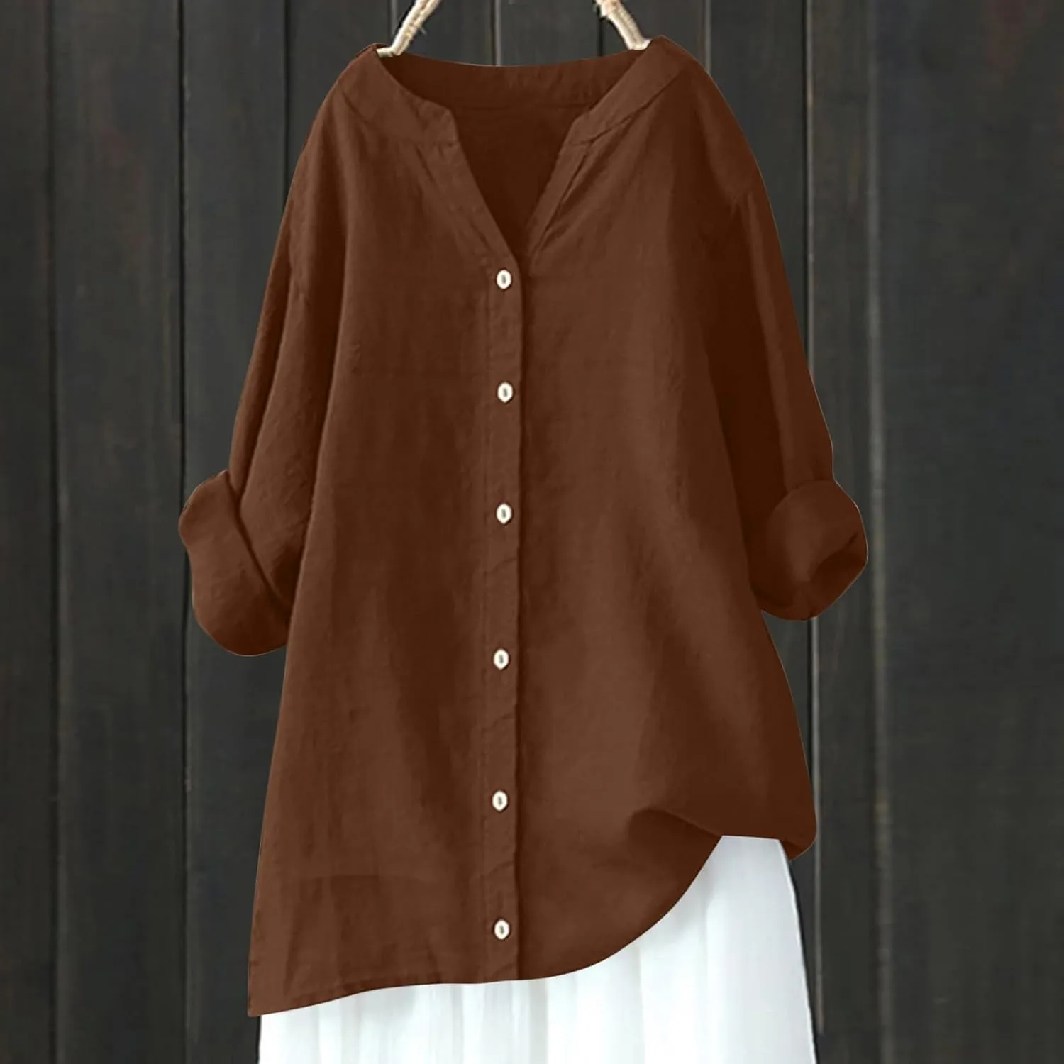 Women Cotton Linen Button V Neck Tops Shirt Summer Solid Color Long Sleeve Fashion Loose Casual Comfy Daily Shirts