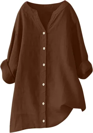 Women Cotton Linen Button V Neck Tops Shirt Summer Solid Color Long Sleeve Fashion Loose Casual Comfy Daily Shirts