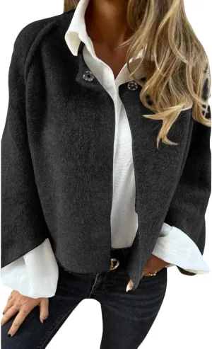 Women Cropped Wool Blend Pea Coat Casual Long Sleeve Crewneck Coat Button Down Cashmere Cardigan for Women