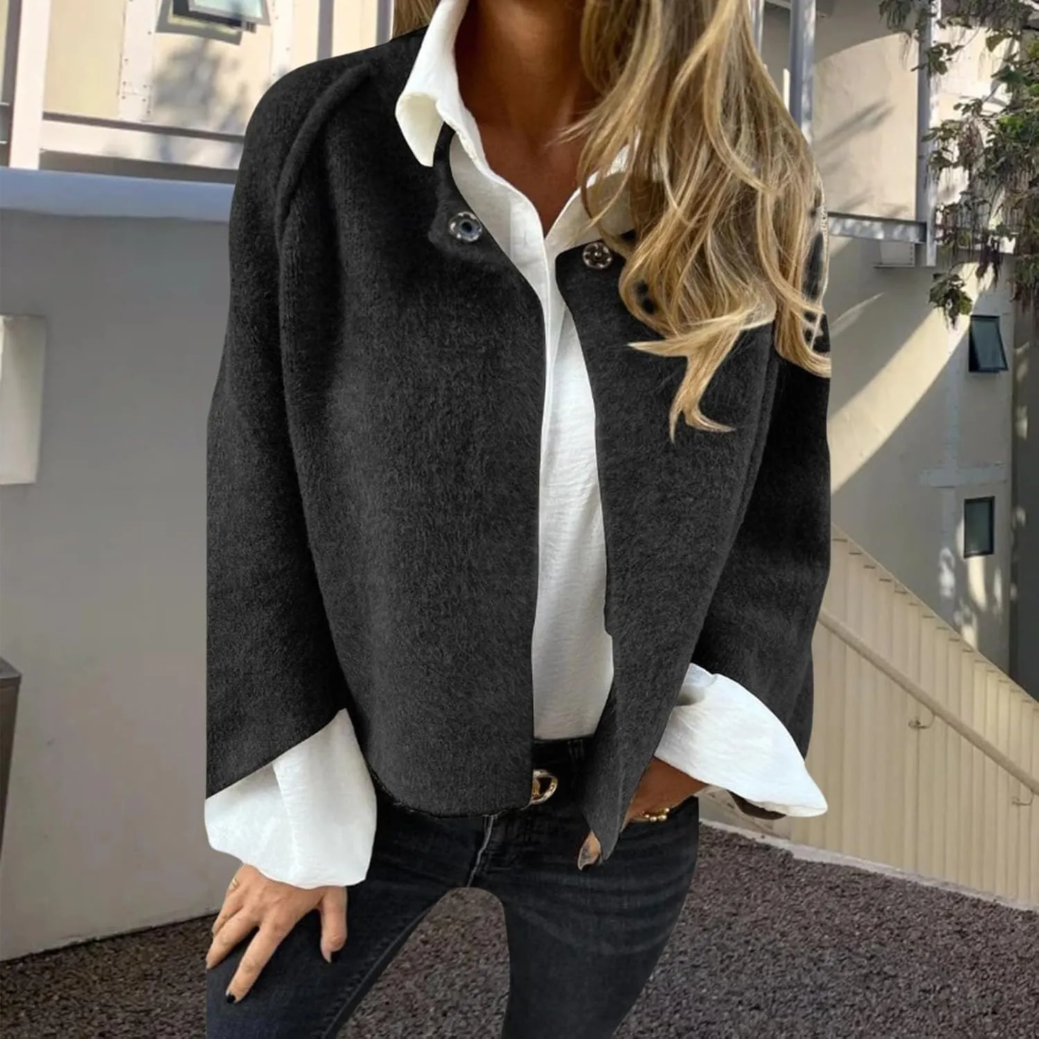 Women Cropped Wool Blend Pea Coat Casual Long Sleeve Crewneck Coat Button Down Cashmere Cardigan for Women