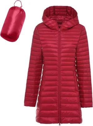 Women Lightweight Down Puffer Coat, Women Hooded Mid-Length Packable Winter Jacket Plus Size Winter Jacket with Packing Bag