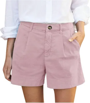 Women Linen Shorts Summer Casual Pleated High Waisted Work Beach Shorts Dressy Wide Leg Shorts with Pockets