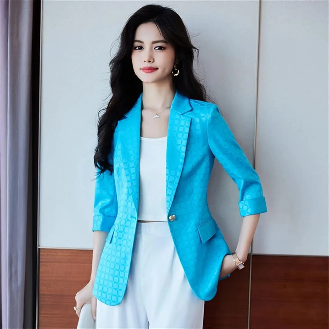 Women Office Elegant Slim Notched Blazers and Jadket Button Sleeve Solid Work Blue Suit Blazer Coat